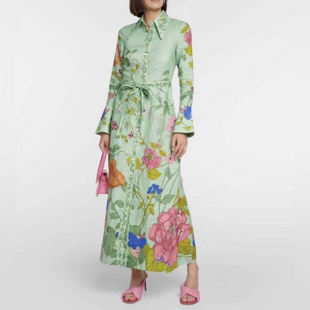 Alemais Mint Floral Maxi Shirt Dress with Pink & Blue Accents